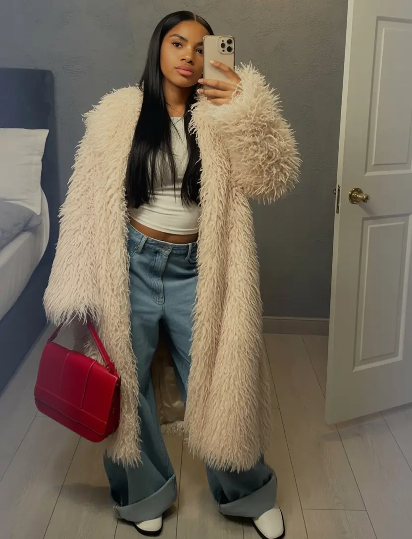 plus size winter outfits Fluffy Coat With a Pop of Red