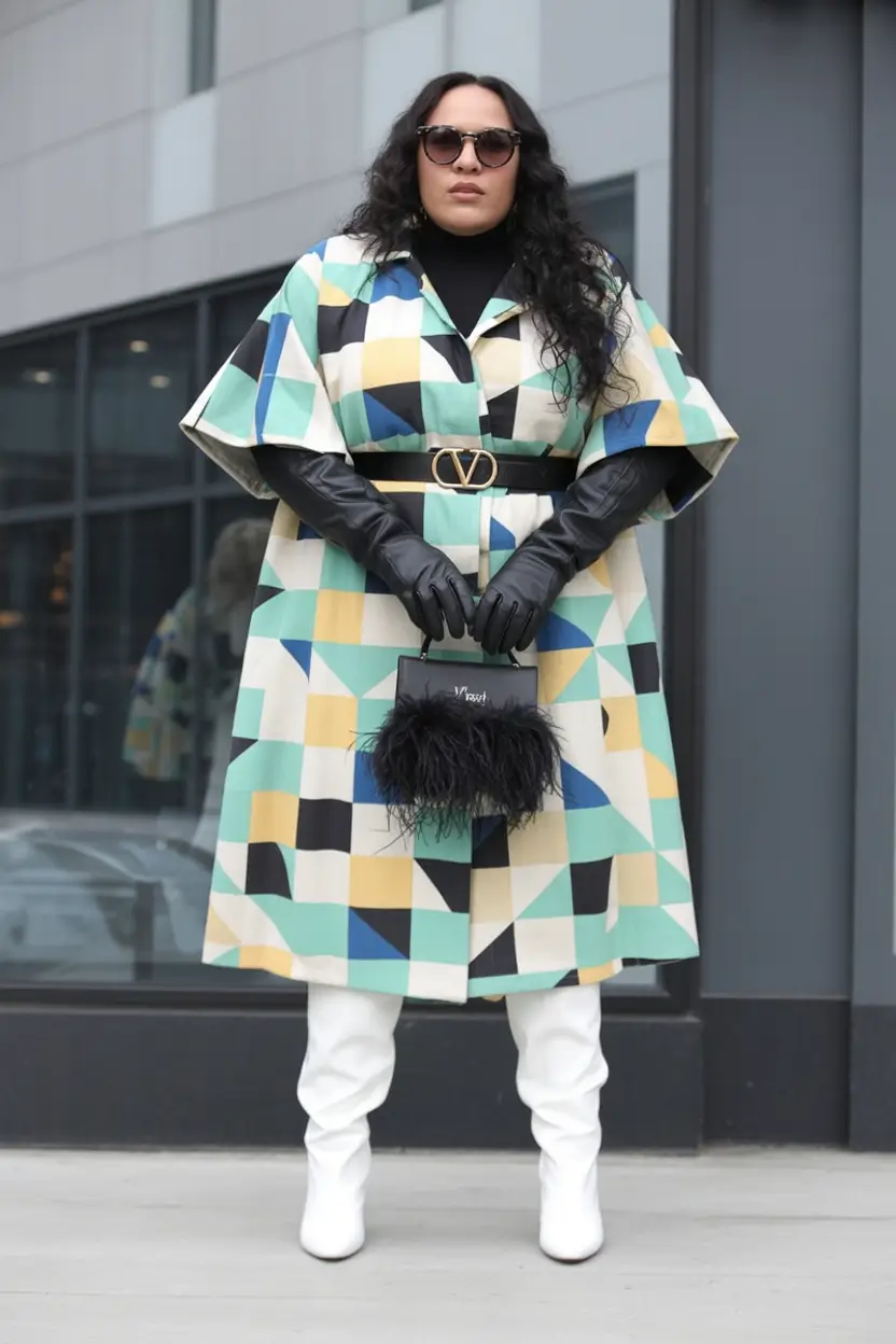 plus size winter outfits Geometric Glam With White Boots