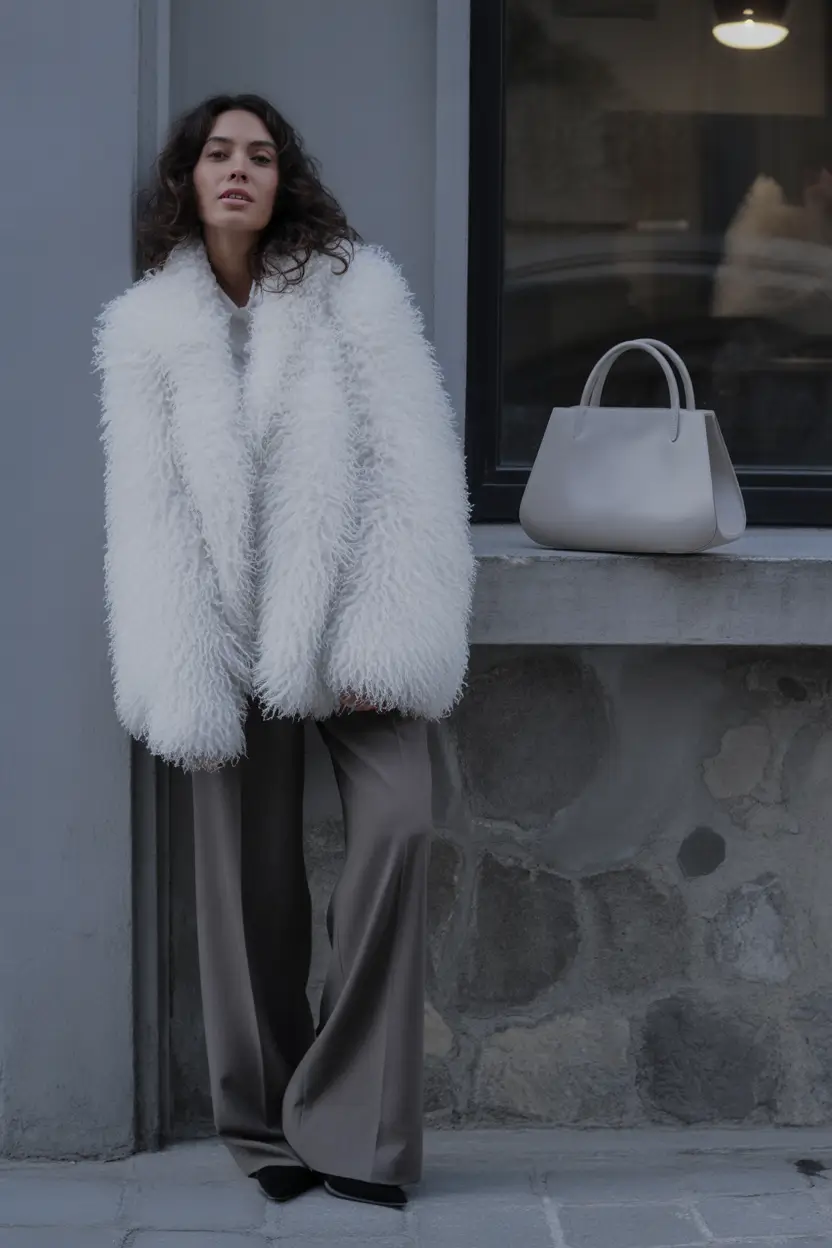 winter fashion outfits White Fluff with Modern Wide-Leg Balance