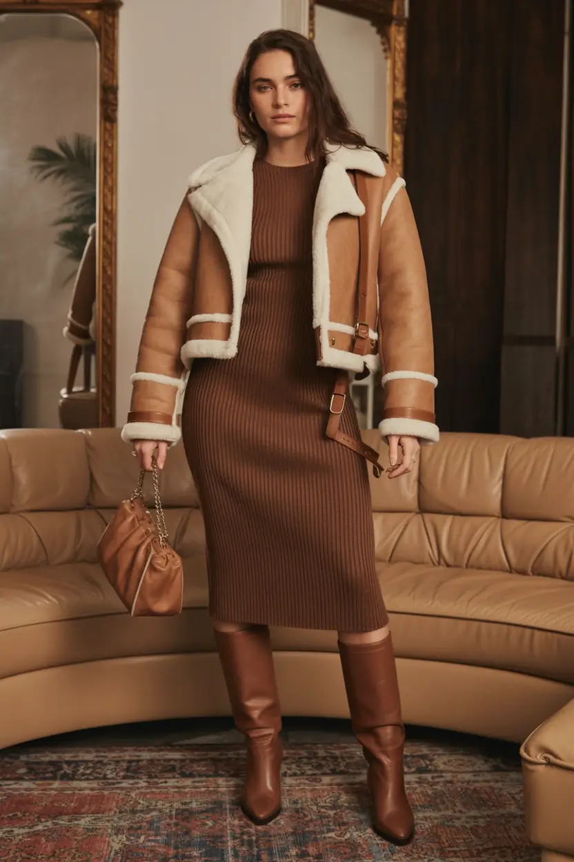 winter fashion outfits Ribbed Dress with Shearling Jacket