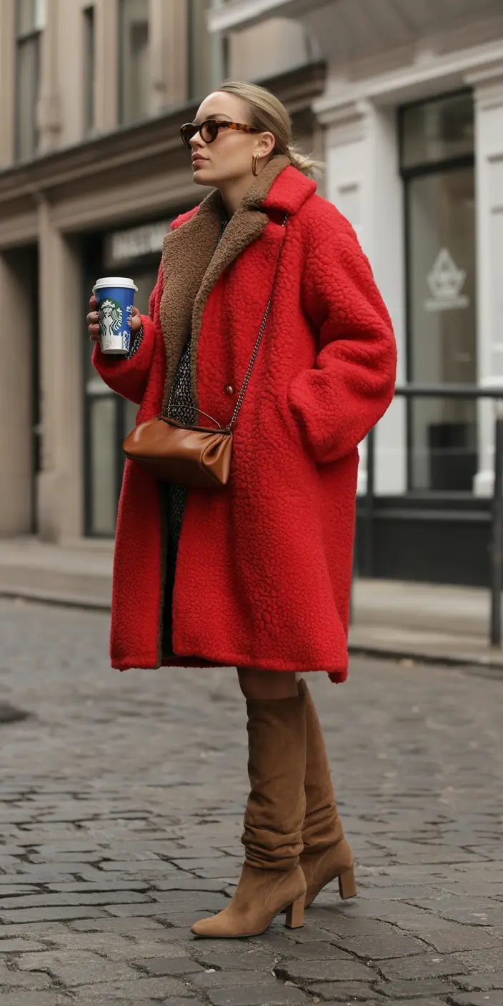 winter fashion outfits Bold Red Teddy with Suede Boots