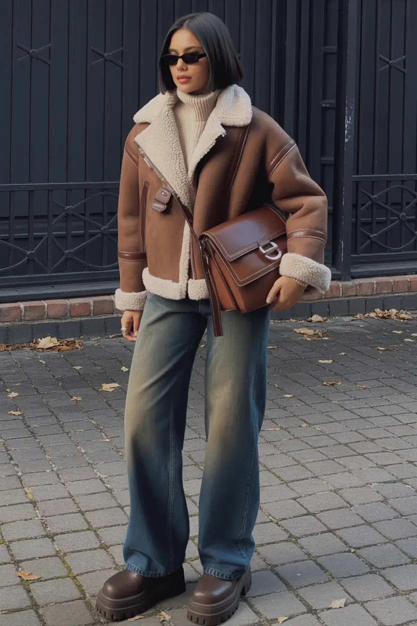 winter fashion outfits Shearling Moto with Wide-Leg Denim