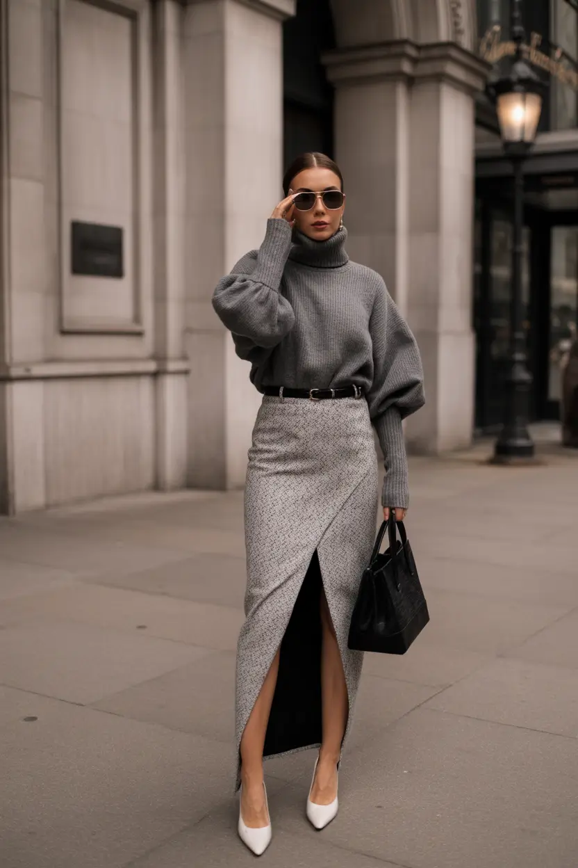 winter fashion outfits Grey Knit Luxe with Skirt Slit Power