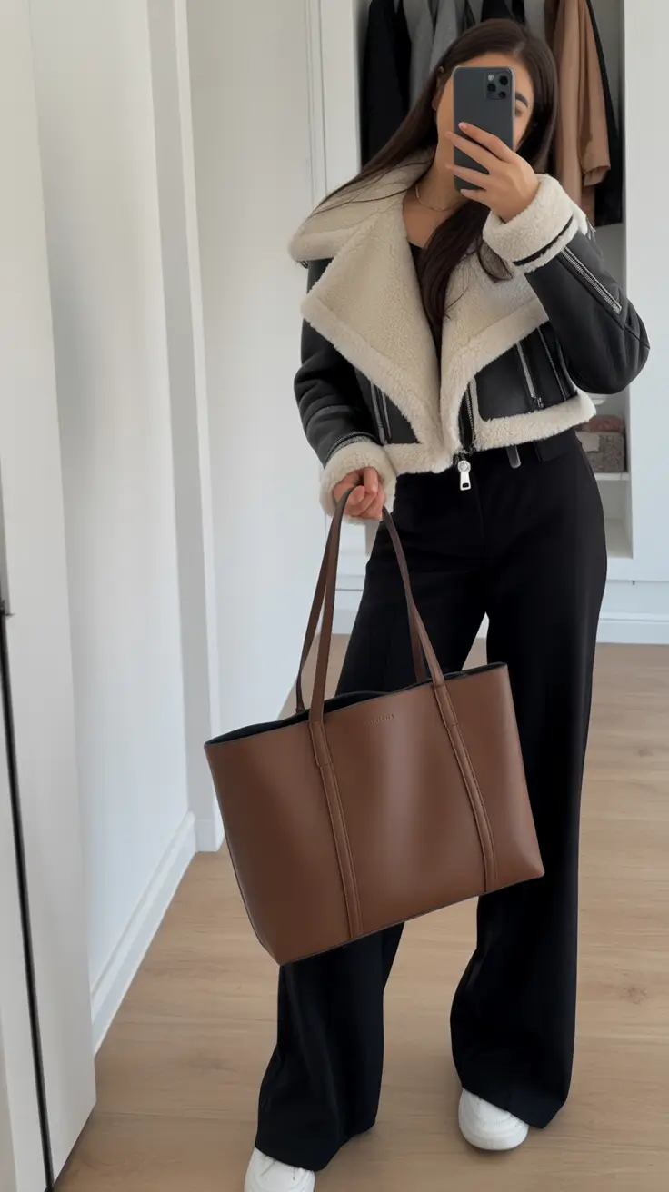 winter fashion outfits Shearling Moto with Relaxed Black Trousers