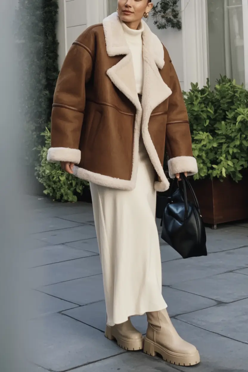 winter fashion outfits Shearling Jacket with Cream Maxi Elegance