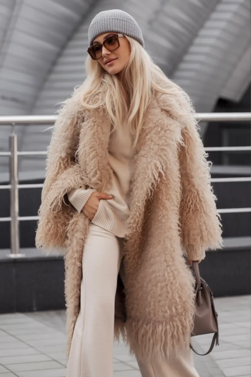winter fashion outfits Monochrome Neutrals with a Fuzzy Statement Coat
