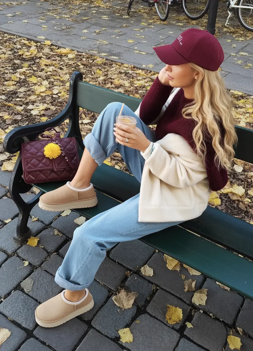 uggs outfit Cozy Burgundy and Denim Mix