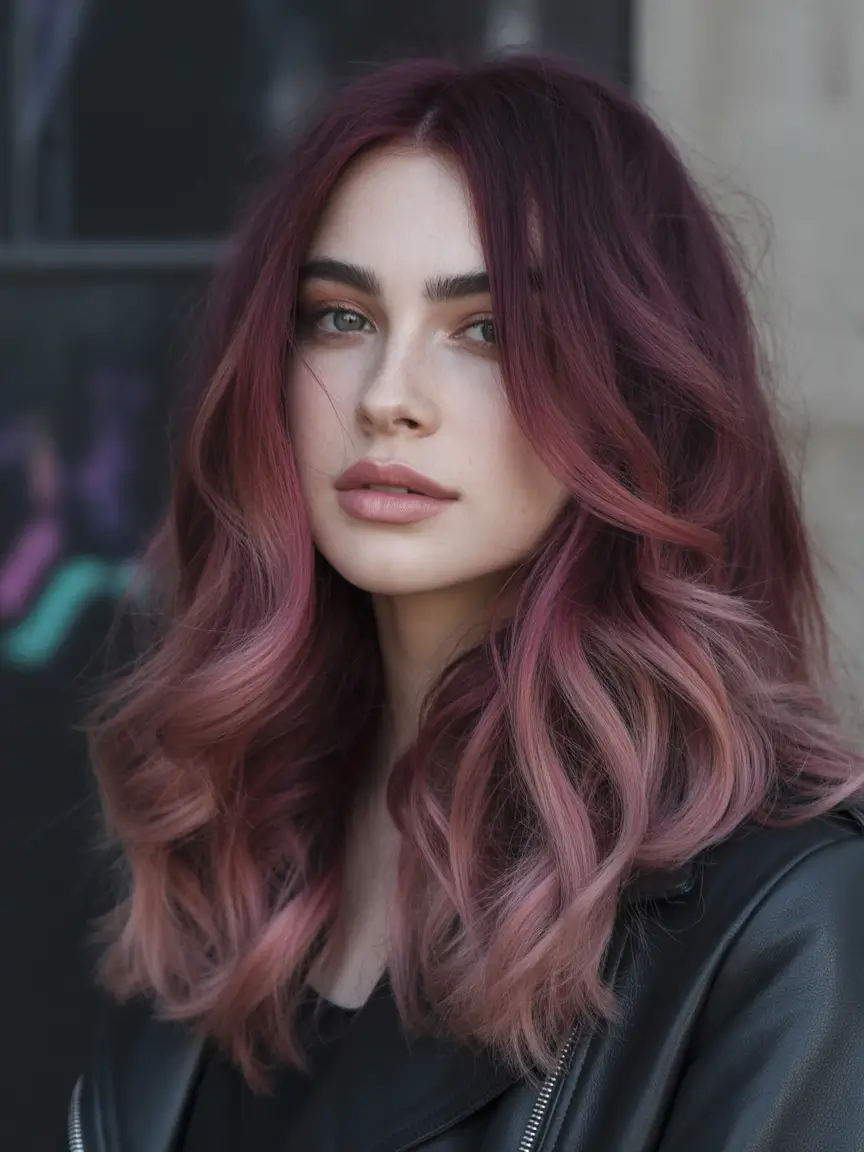 winter hair colors balayage Velvety Plum Balayage with Soft Waves