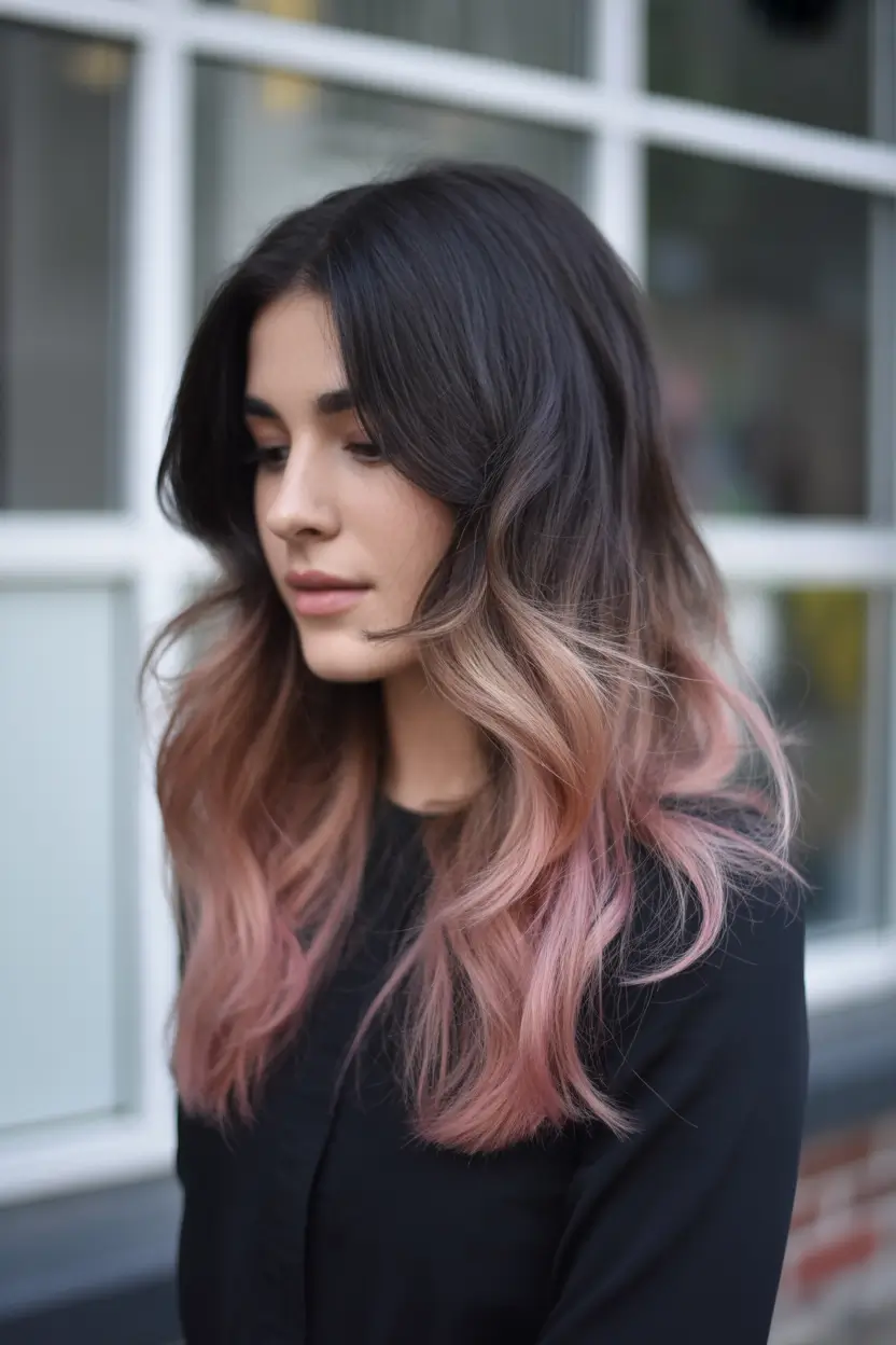 winter hair colors balayage Soft Brunette with Rosé Ombre Ends