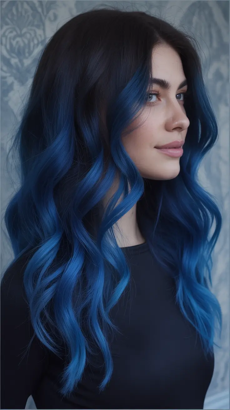winter hair colors balayage Cobalt Balayage on Dark Lengths