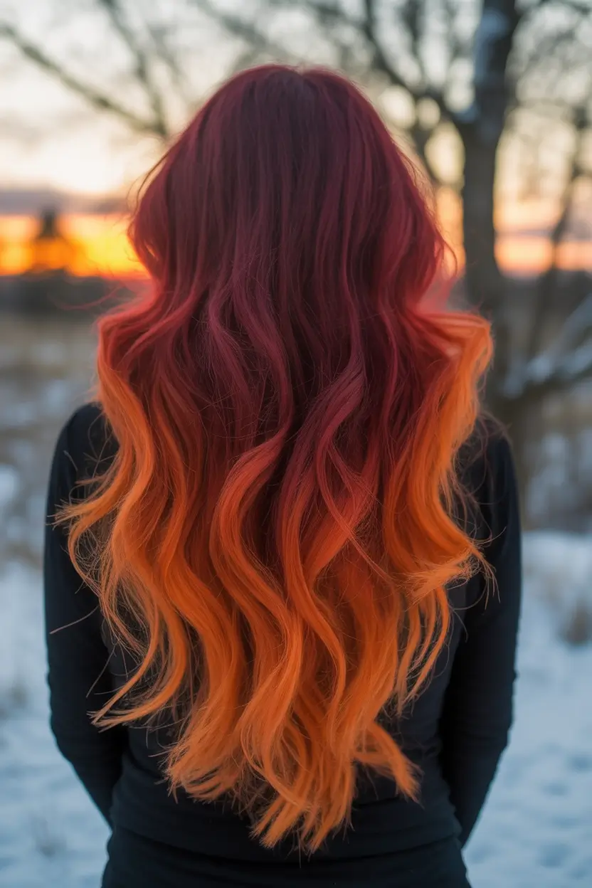 winter hair colors balayage Sunset Balayage with Fiery Ombre Ends