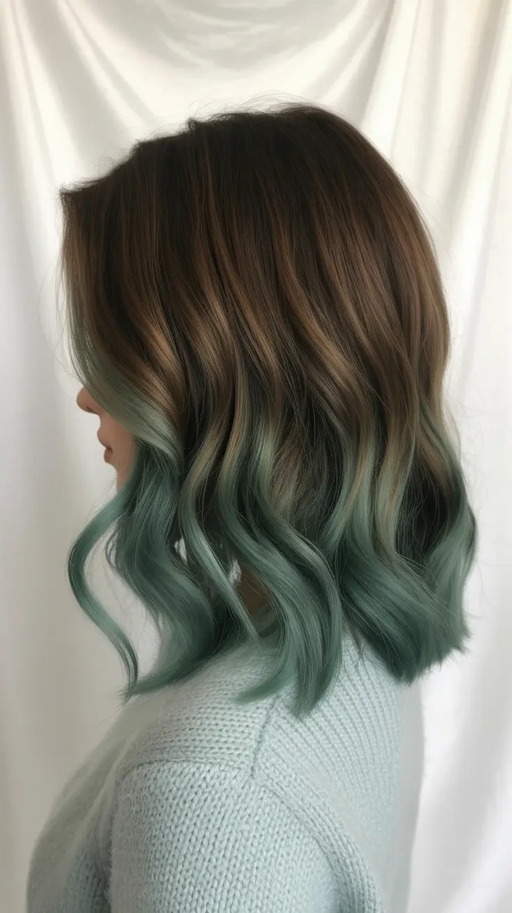 winter hair colors balayage Mint-Tipped Balayage with Warm Brown Roots