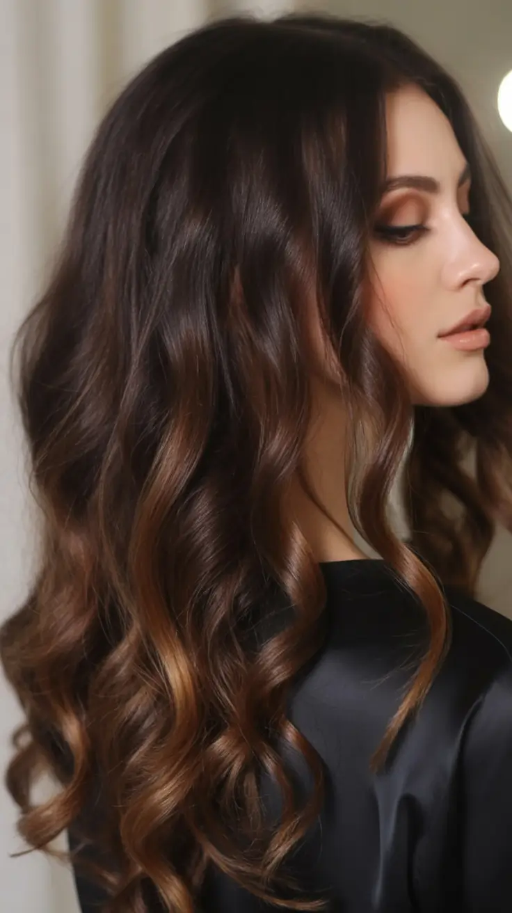 winter hair colors balayage Chocolate Balayage with Caramel Highlights