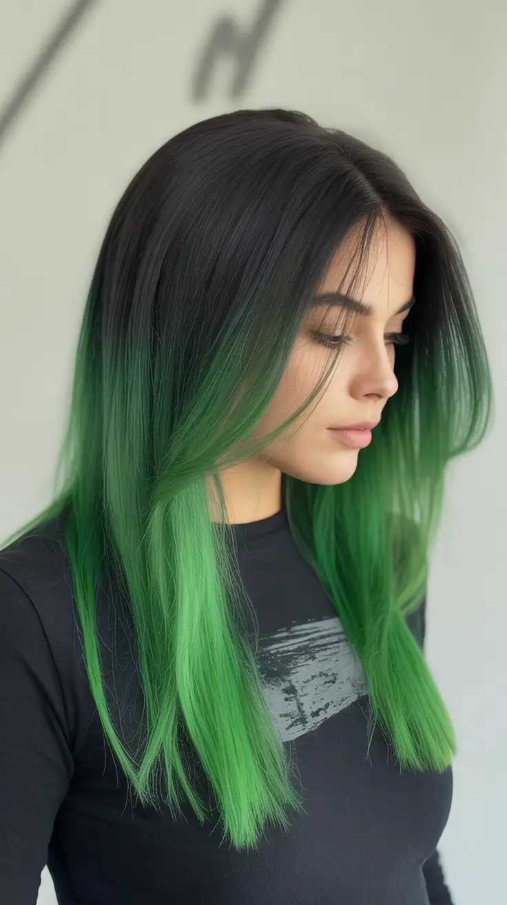 winter hair colors balayage Emerald Balayage with Sleek Finish