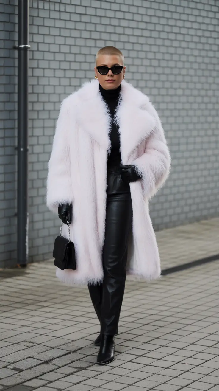 nyc winter outfits Frosted White Drama With Leather