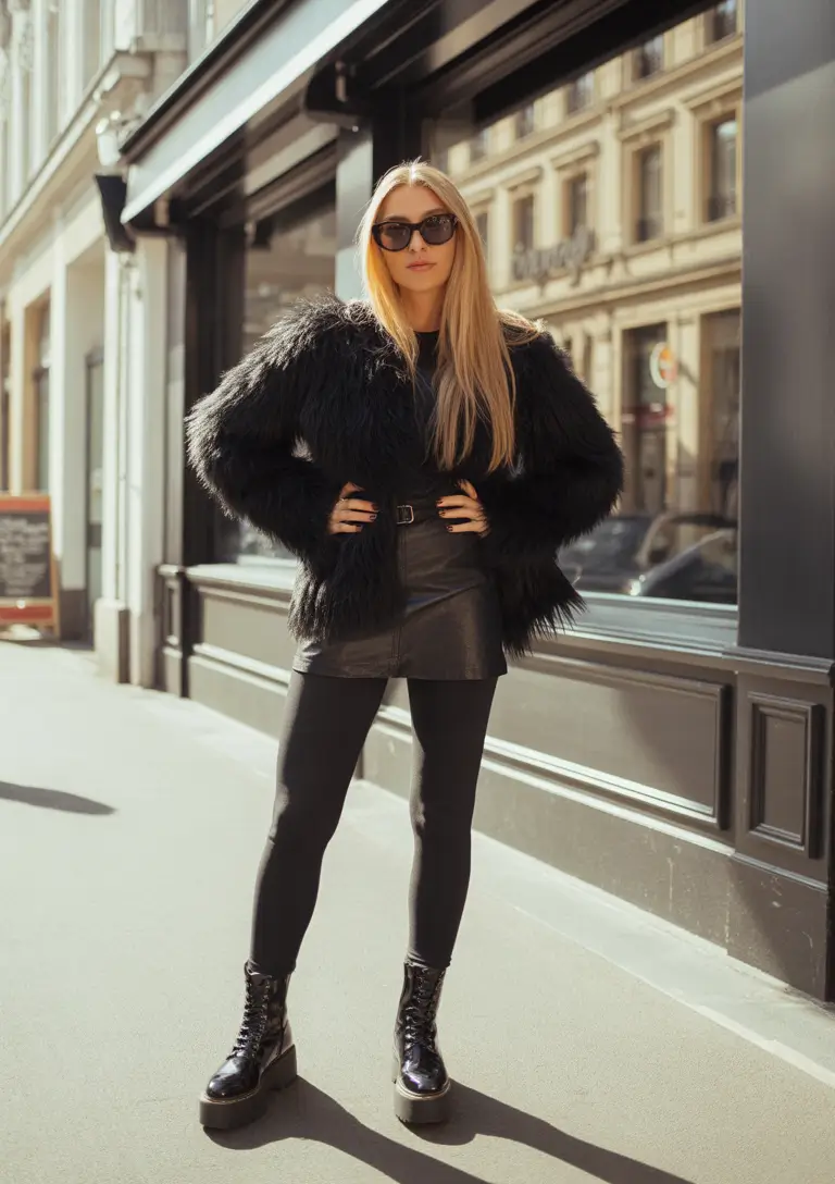 nyc winter outfits All-Black Texture Play