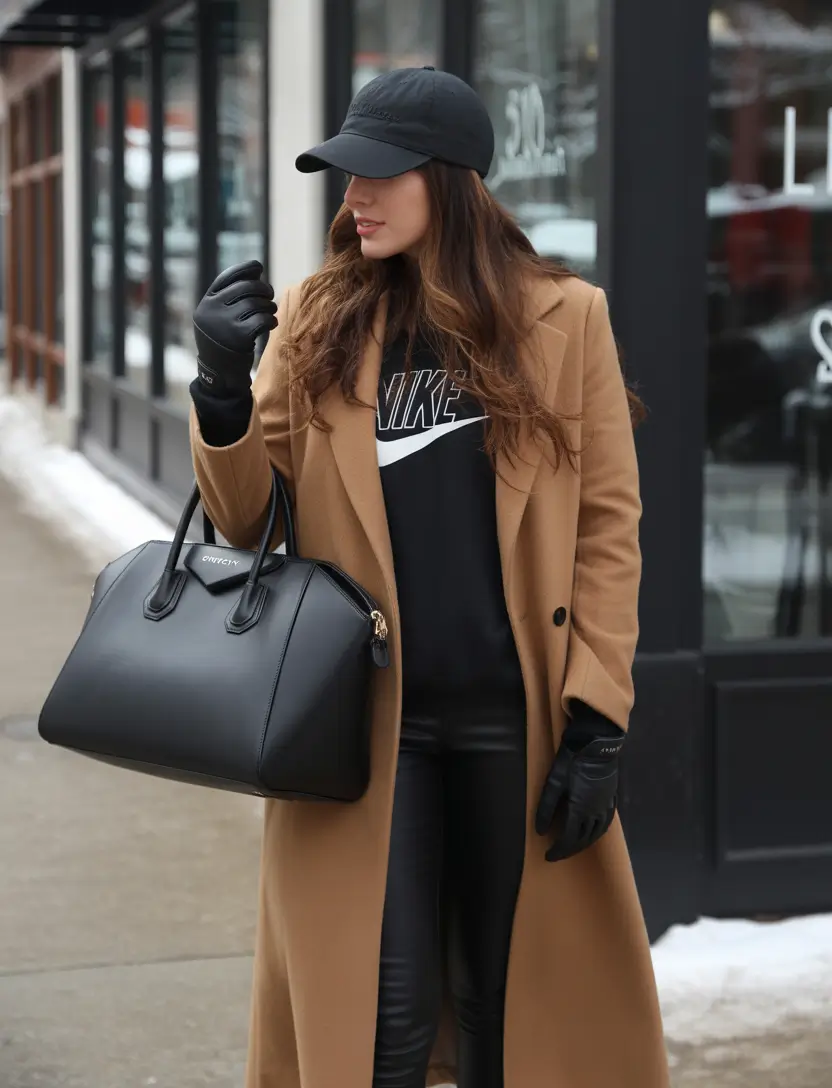 nyc winter outfits Camel Coat Meets Sporty Luxe