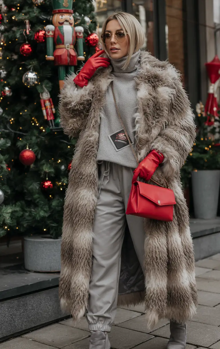 winter outfits cold Glam Fur with Pops of Red