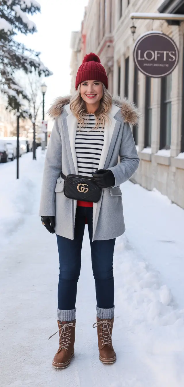 winter outfits cold Playful Stripes and Pops of Red