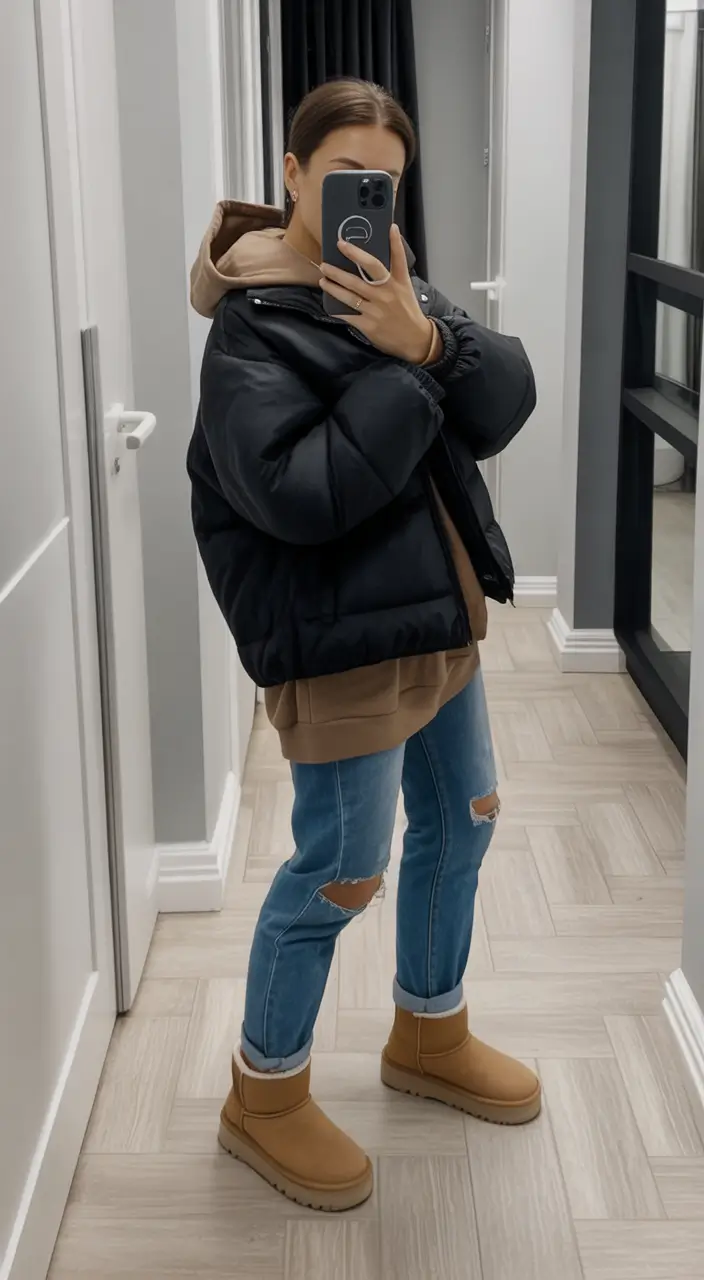 winter outfits cold Laid-Back Layers with Denim and Uggs