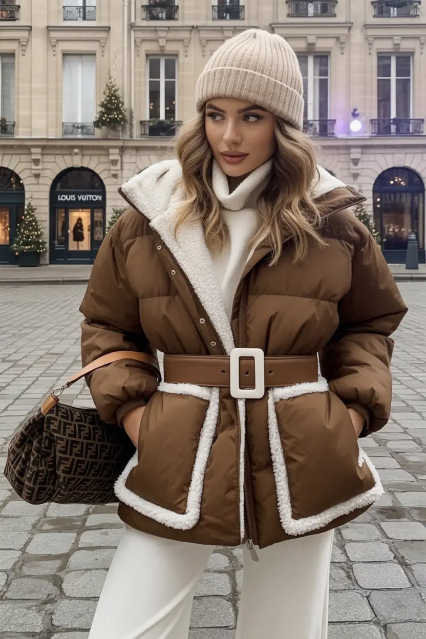 winter outfits Chic Puffer with a Belted Twist