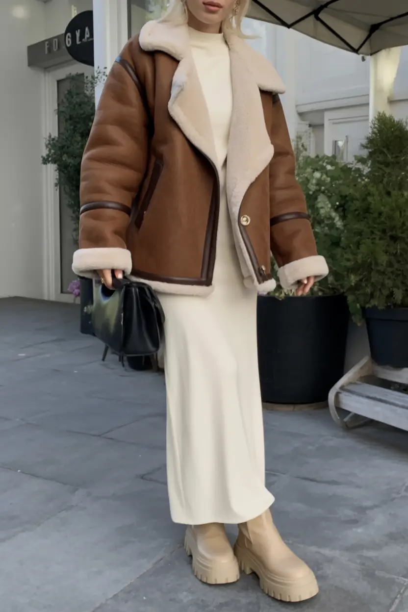 winter outfits Shearling and a Cream Dress Duo