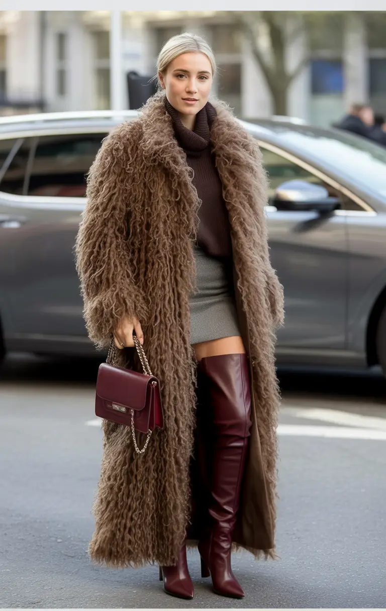 winter outfits Shearling Glam with Burgundy Accents