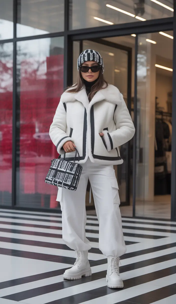 winter outfits Snow-White Layers with Graphic Accents