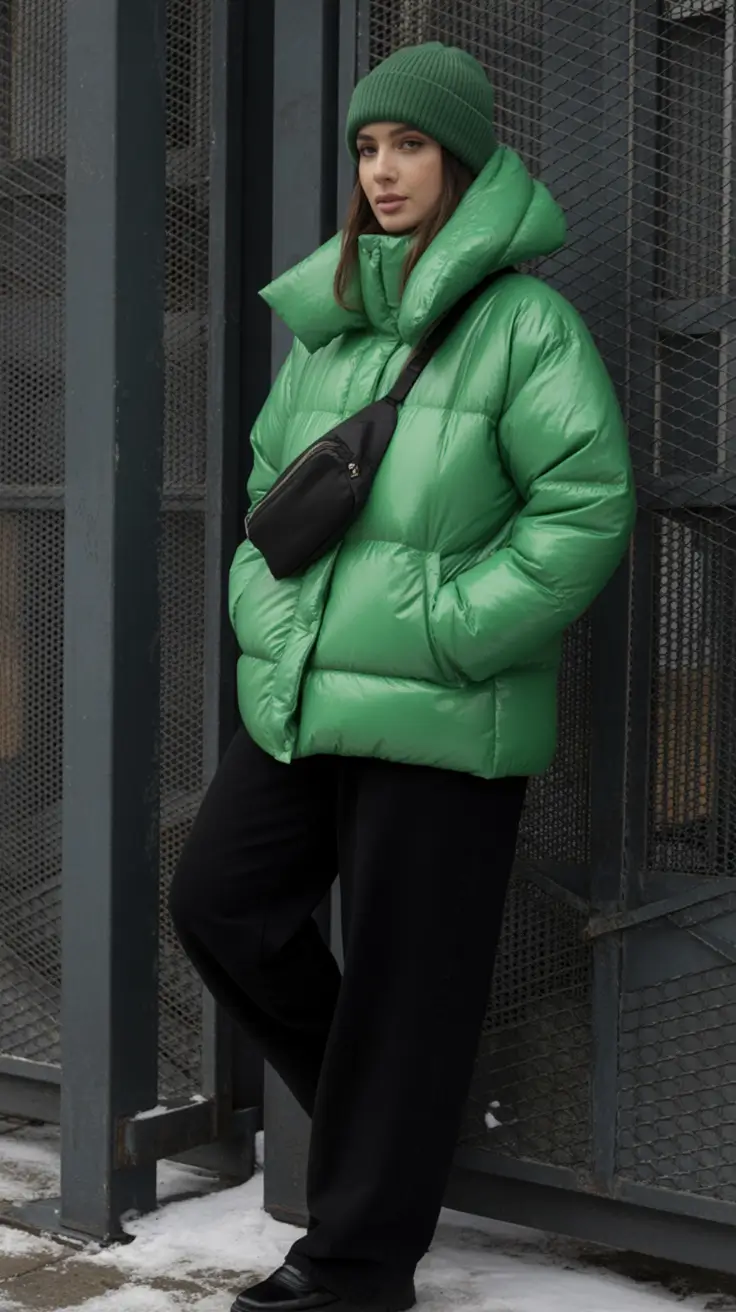winter outfits inspiration Bold Green Puff Power