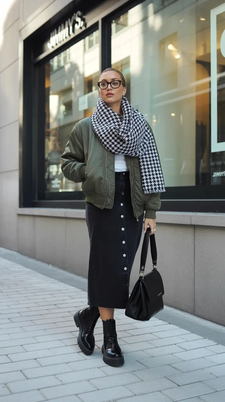 winter outfits inspiration Bomber and Skirt Playfulness