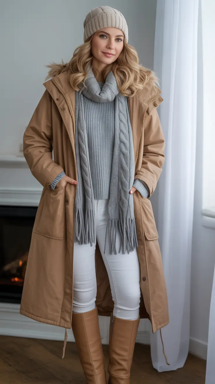 winter outfits inspiration Cozy Camel and Grey Balance