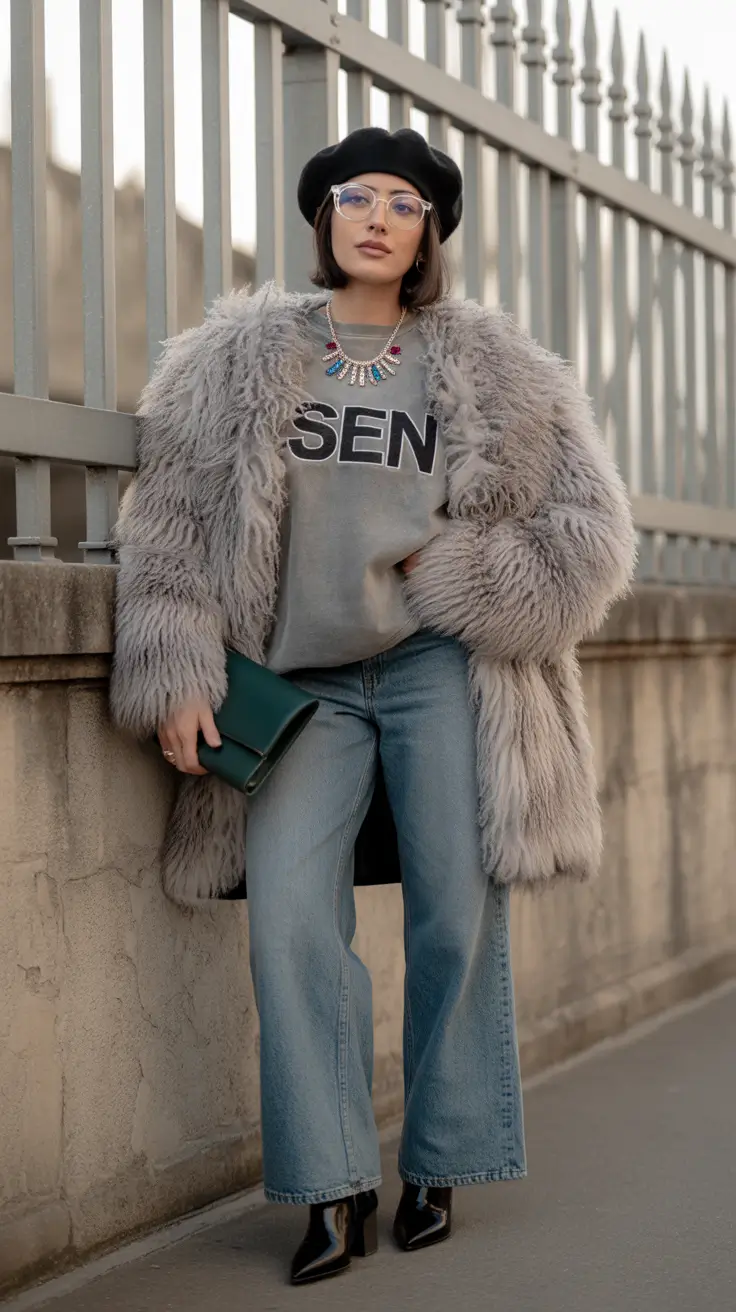winter outfits inspiration Retro Fluff Meets Modern Denim