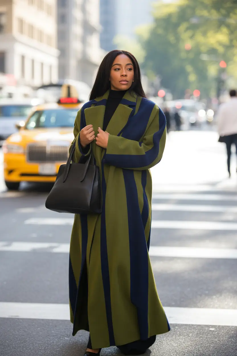 winter outfits over 40 Urban Drama in Striped Outerwear