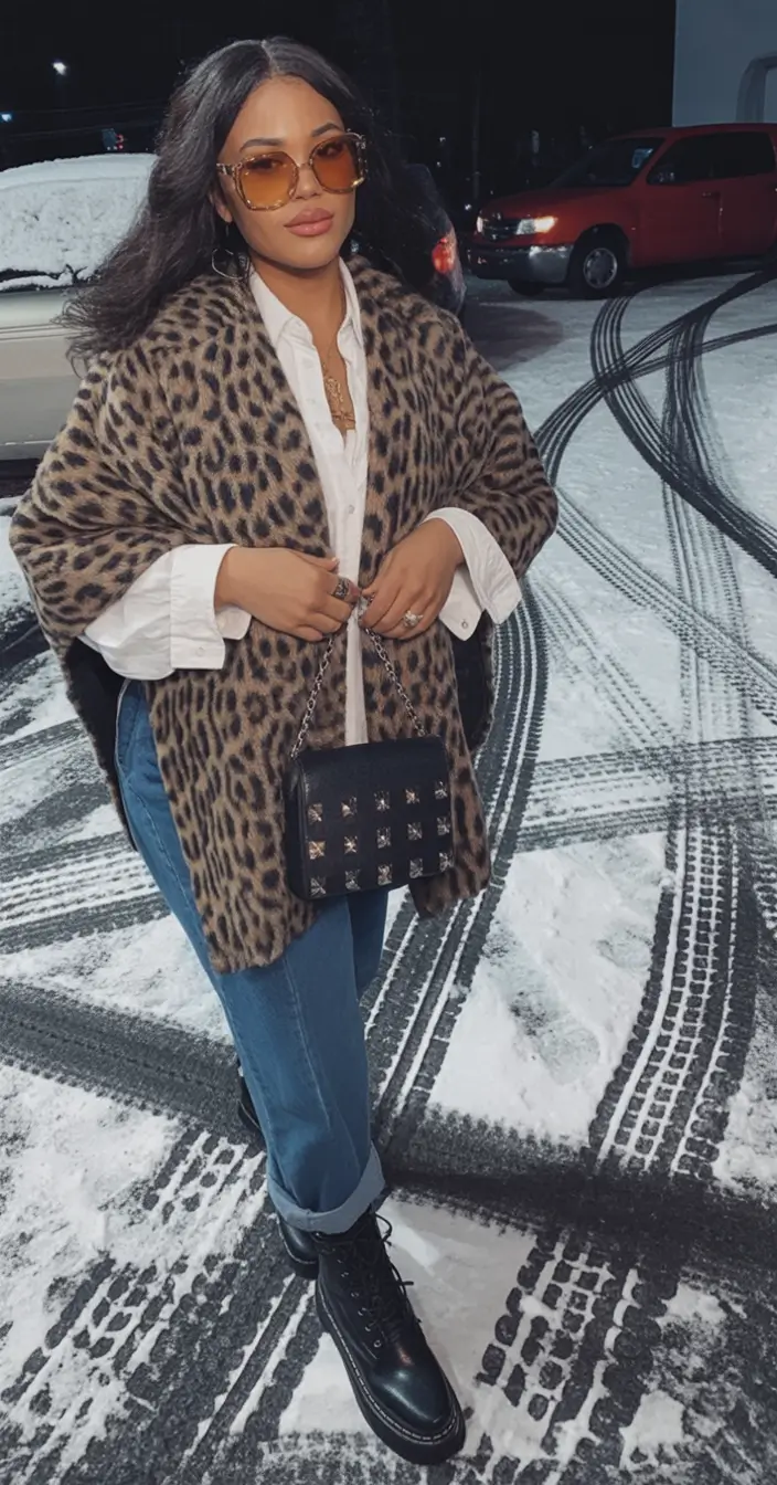 winter outfits over 40 Playful Leopard with Relaxed Denim