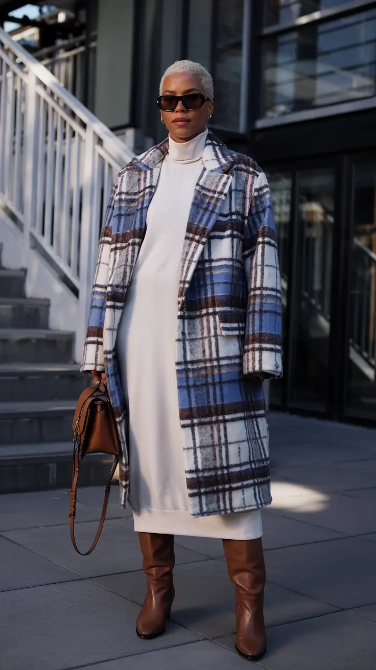 winter outfits over 40 Checked Elegance with Knee-Highs