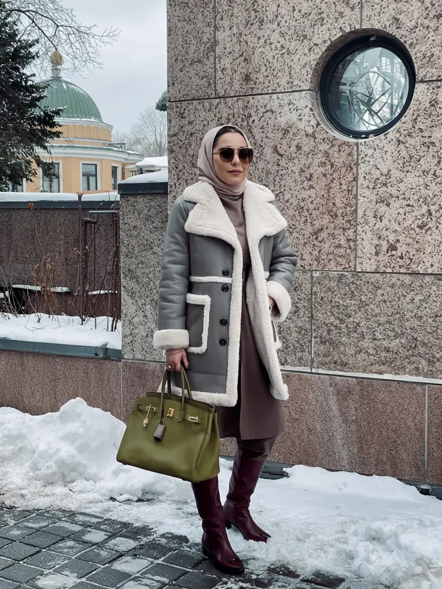 winter outfits over 40 Structured Shearling with Bold Accessories