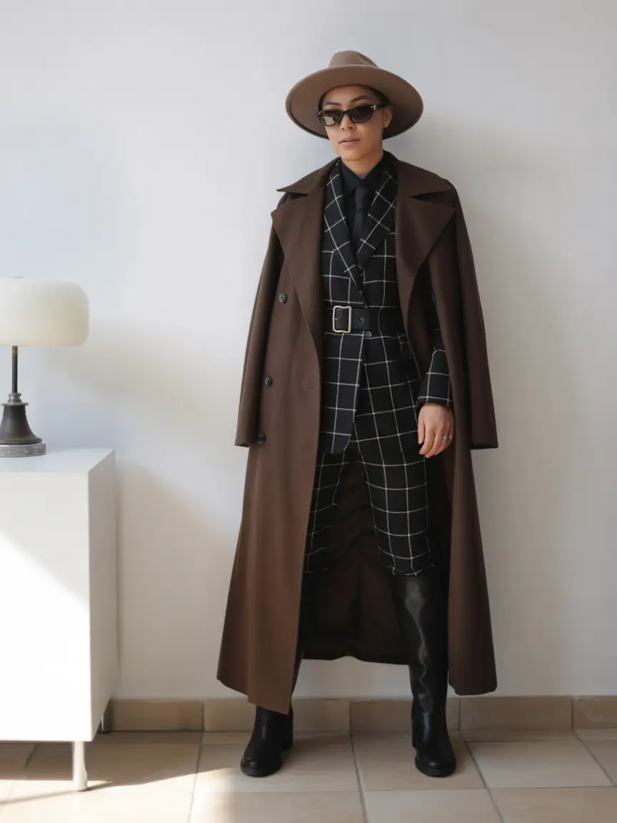 winter work outfits Sharp Windowpane Suit with Brown Coat