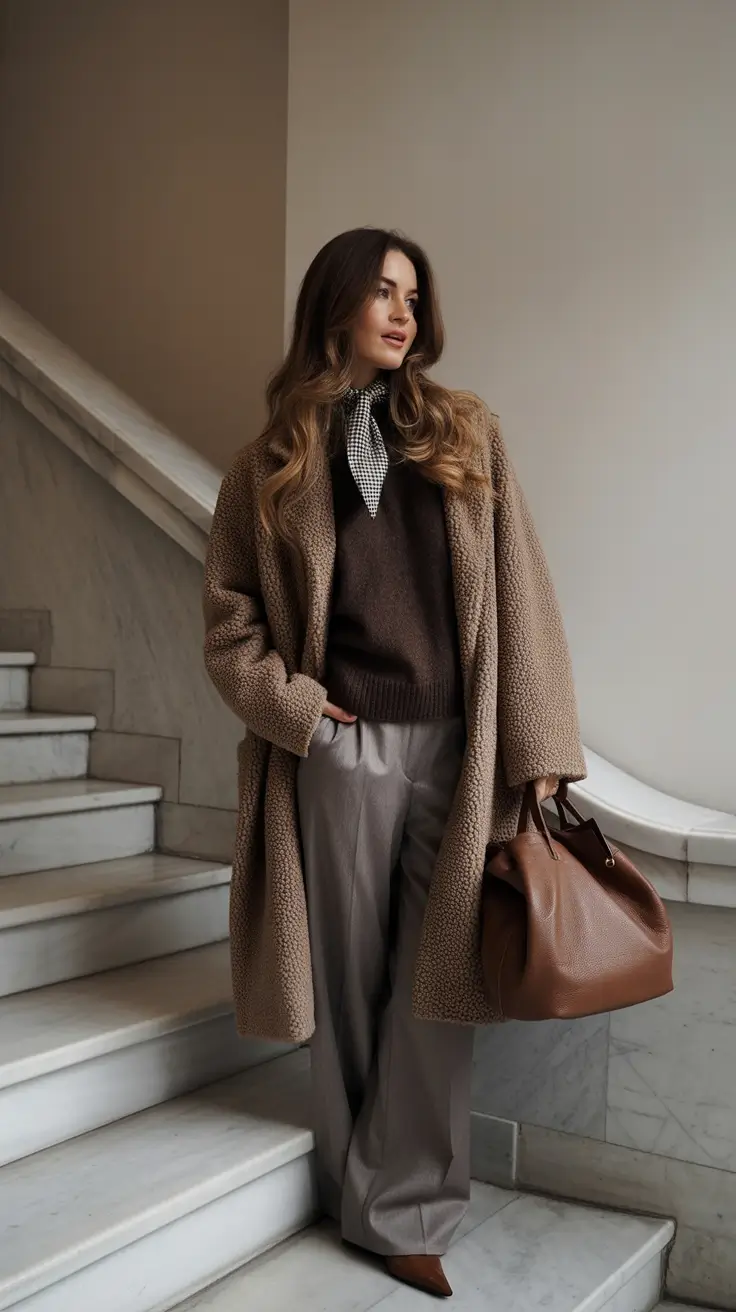 winter work outfits Textured Browns with a Playful Scarf
