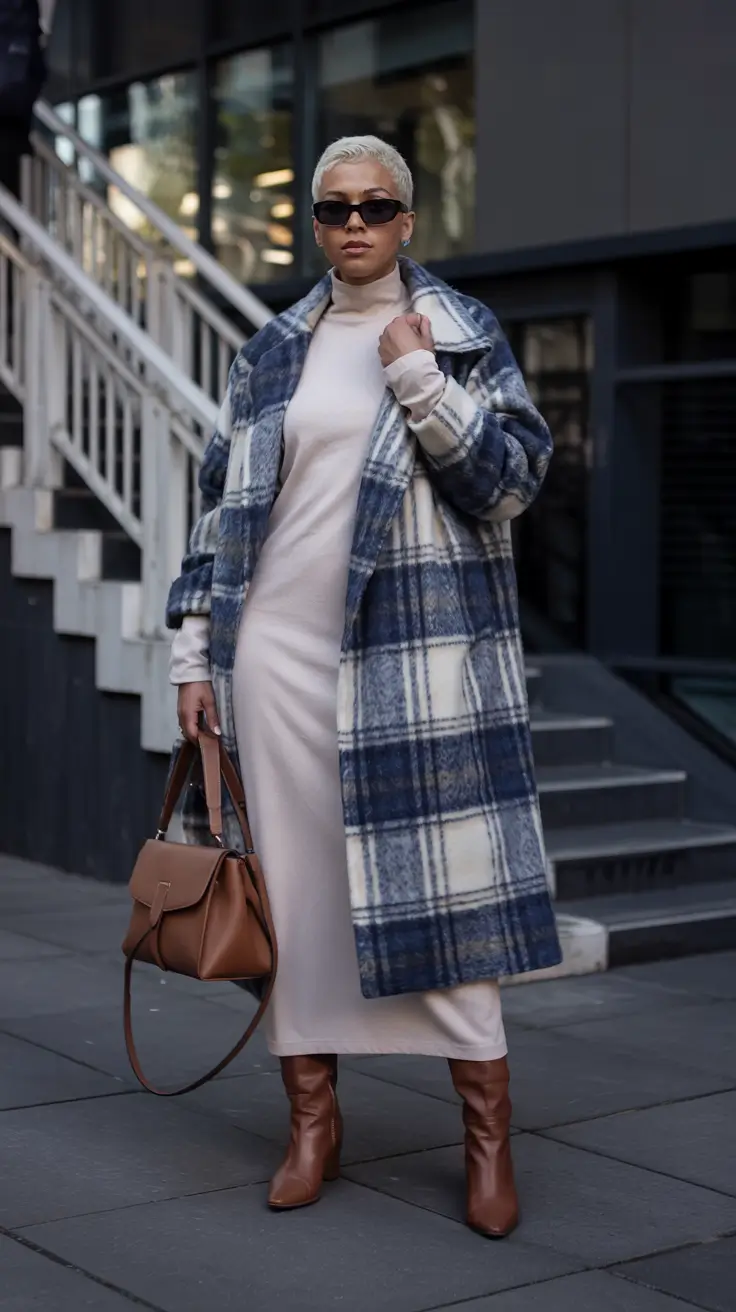 winter work outfits Blue Plaid Coat and Neutral Dress