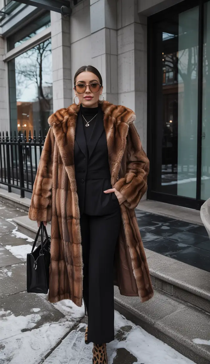 winter work outfits Luxurious Fur Coat over Black Suit