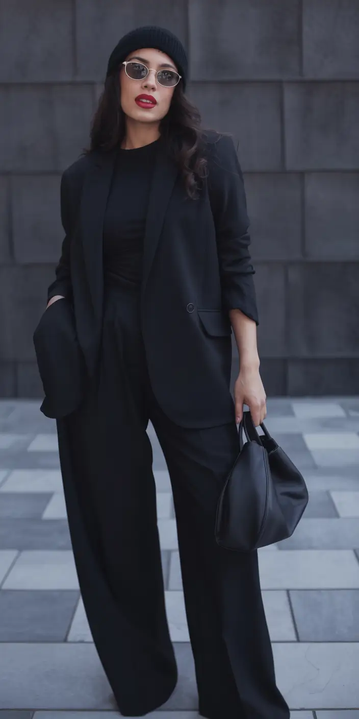 winter work outfits Relaxed Black Suit with Beanie