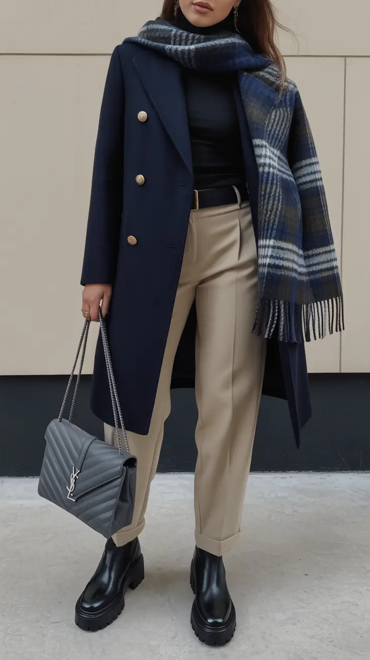 winter work outfits Navy Coat and Checked Scarf