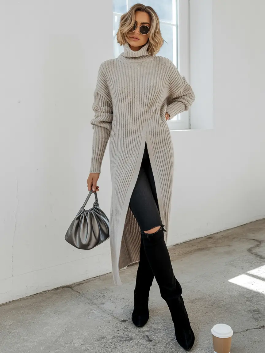 winter work outfits Split Hem Sweater Dress with Boots
