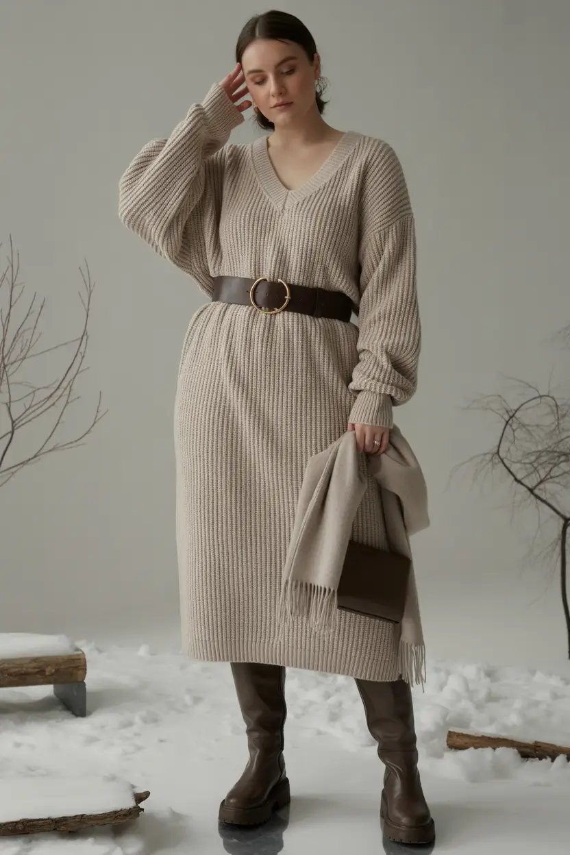 winter work outfits Ribbed Sweater Dress Elegance