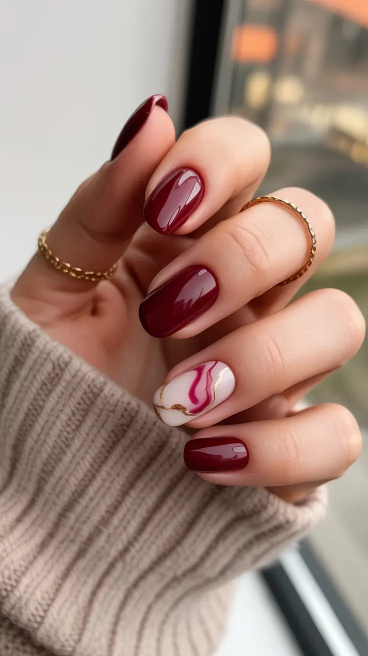 Burgundy Nail Colors for Winter Marble Wine Accent