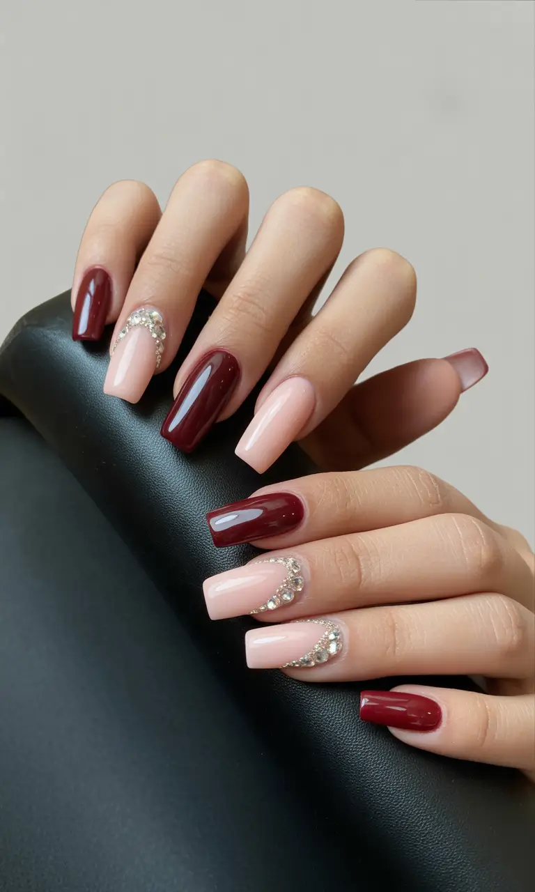Burgundy Nail Colors for Winter Burgundy Elegance with Crystals