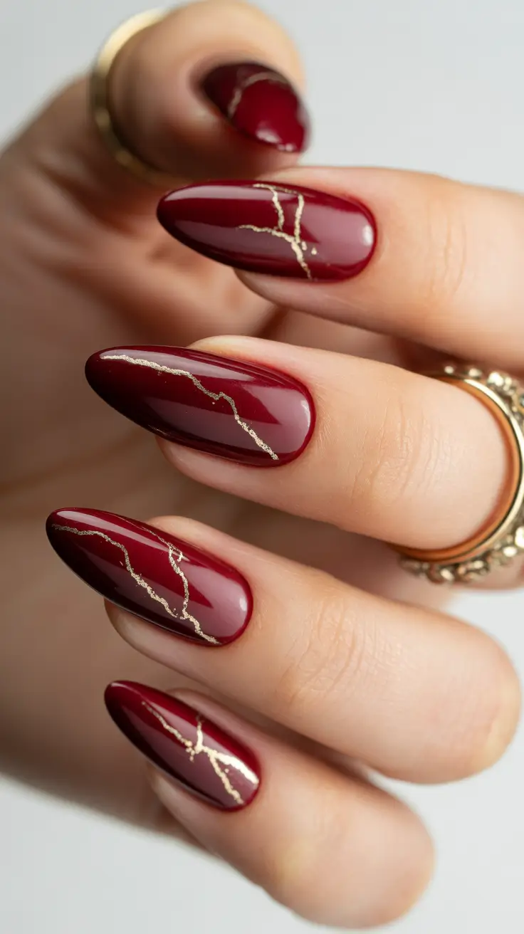 Burgundy Nail Colors for Winter Gilded Crimson Marble