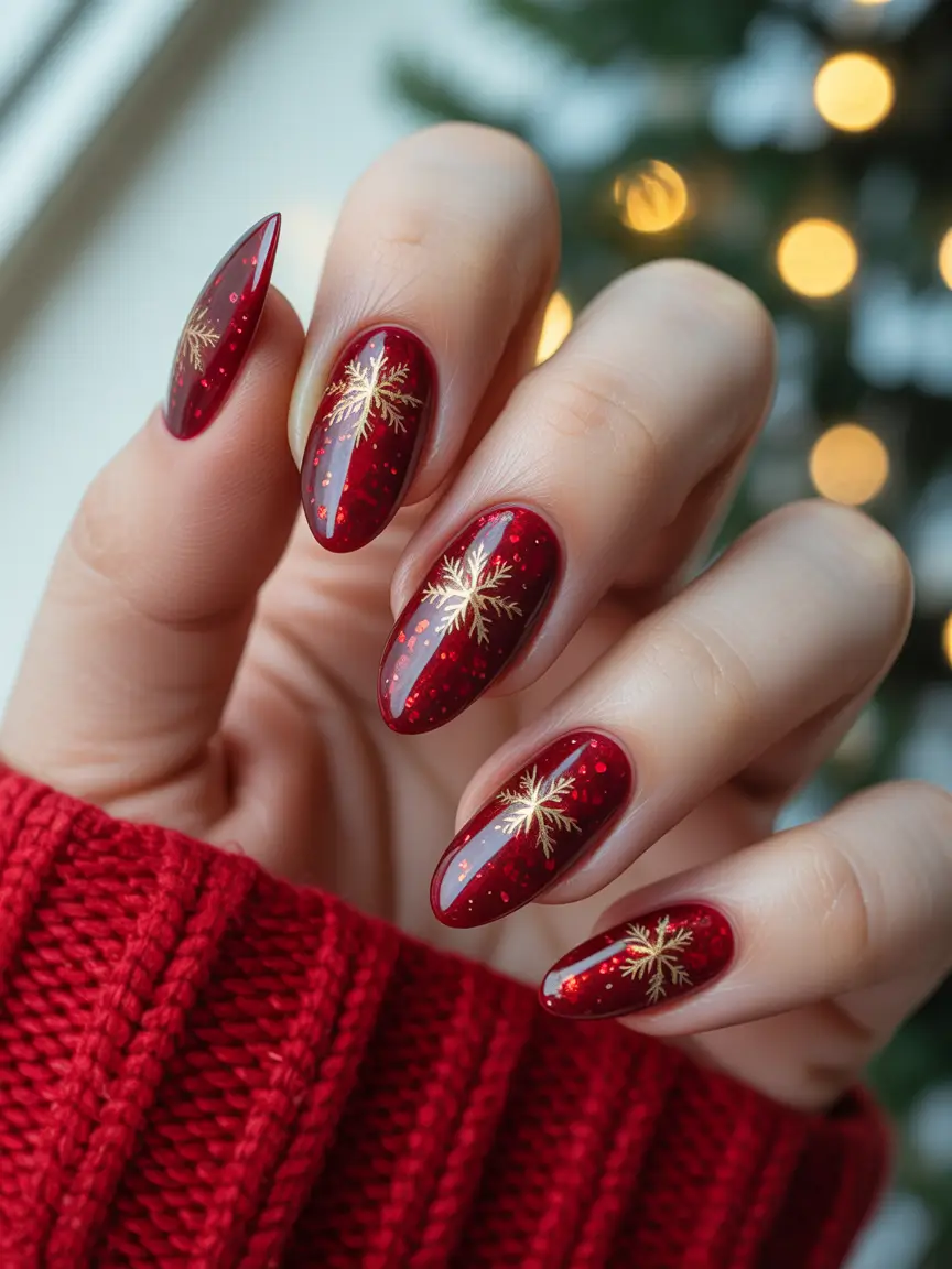Burgundy Nail Colors for Winter Golden Snowflake Sparkle