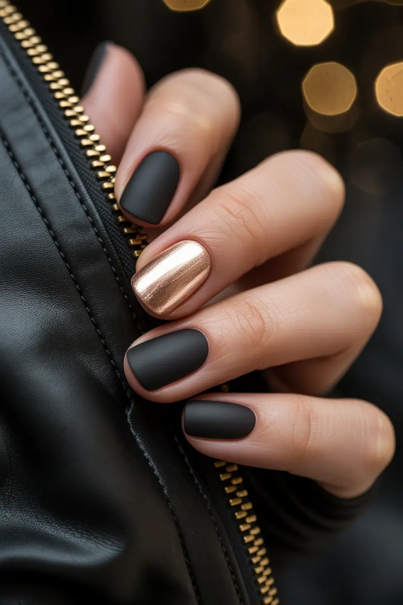 classy winter nails Matte Black and Bronze Power Mix