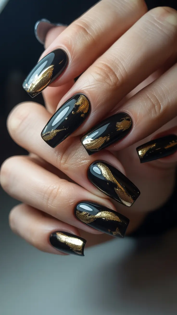 classy winter nails Black and Gold Drama